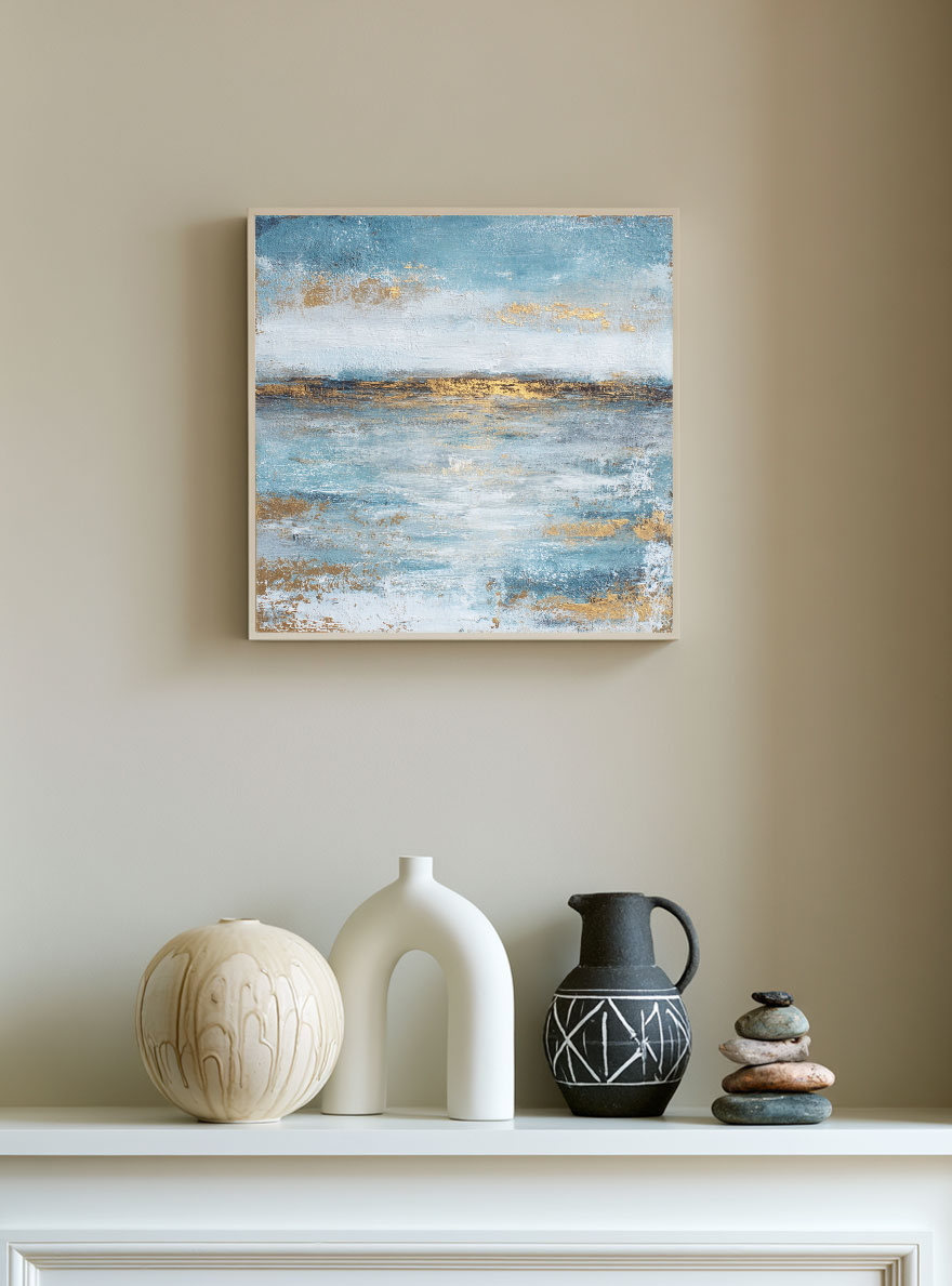 Abstract Blue and Gold Textured Ocean and Sky Canvas Wall Art Modern Minimalist Seascape Painting for Living Room Bedroom Office Dining Hallway Home Decor