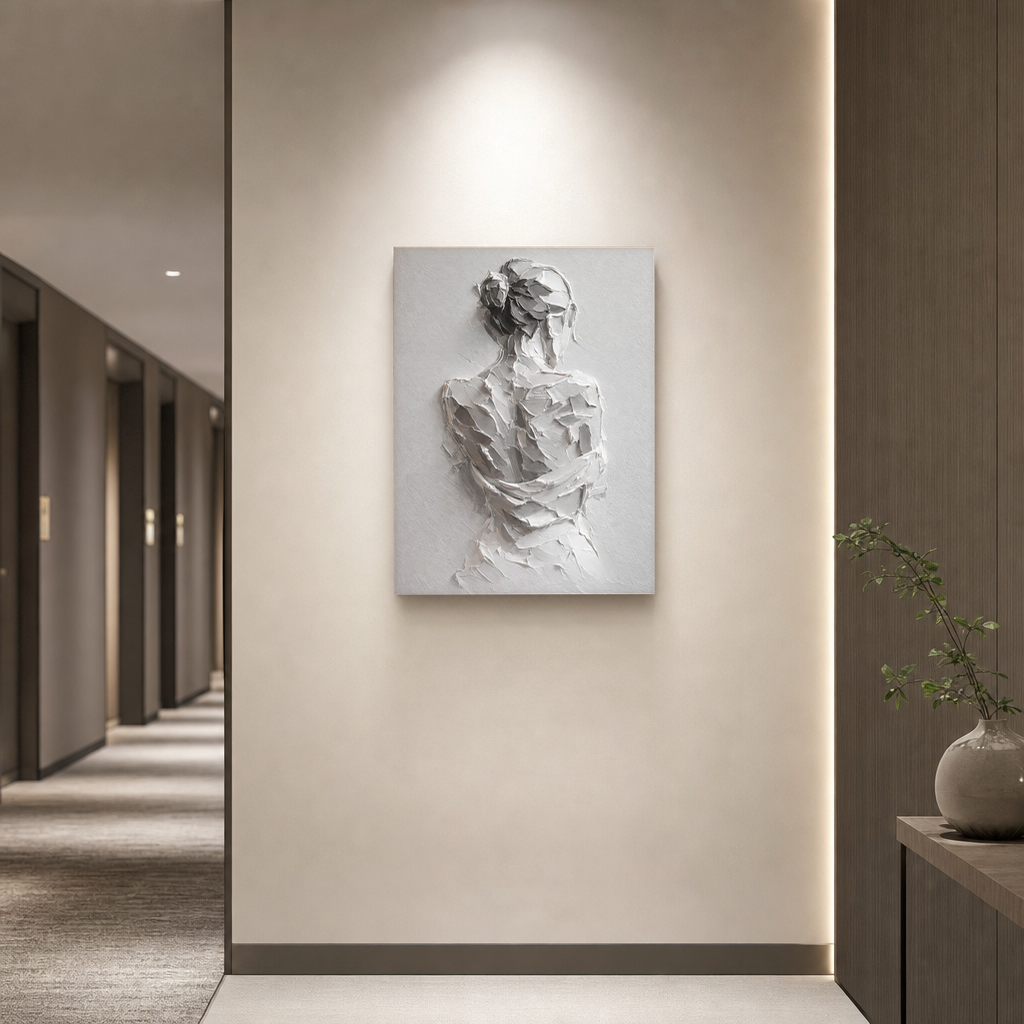 White Gray Textured Abstract Portrait Acrylic-style Vertical Wall Art for Bedroom