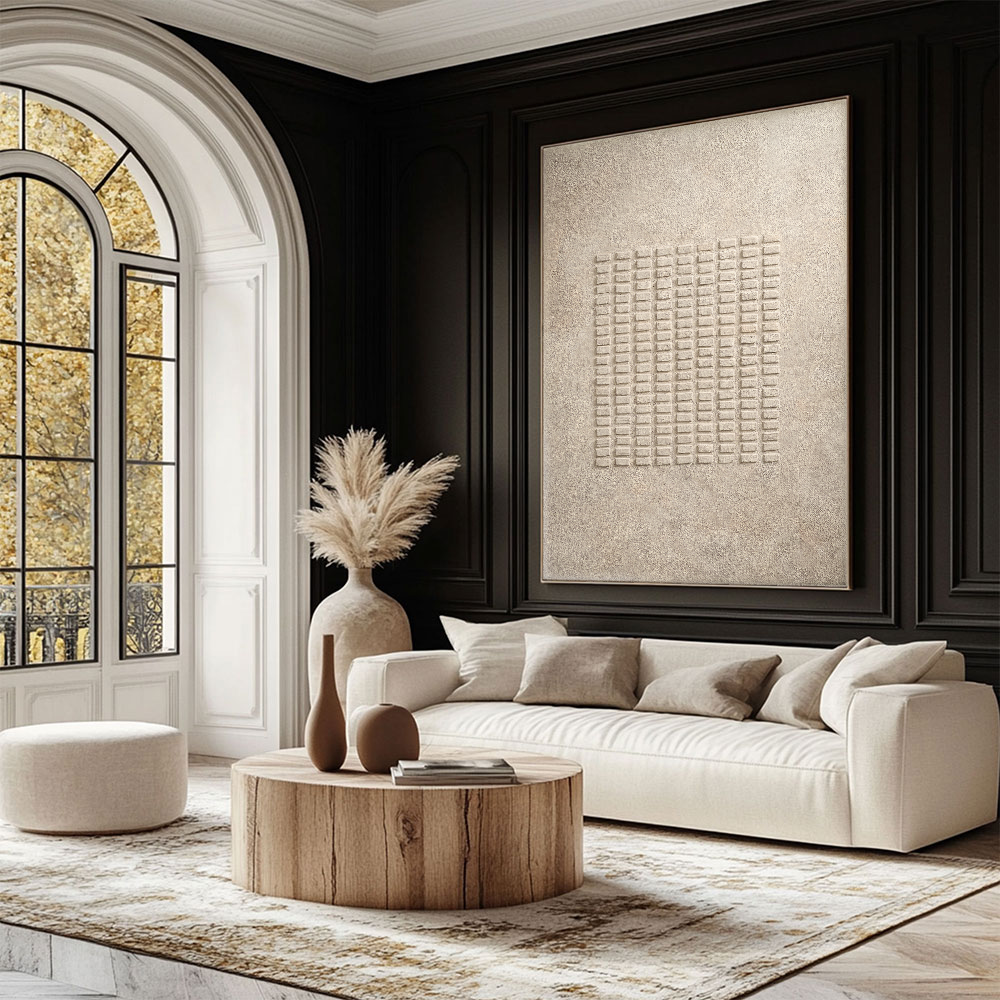 Modern Minimalist Neutral Beige 3D Textured Geometric Lines Plaster Wall Art, Abstract Rectangular Grid Pattern Wabi Sabi Alternative Soft Tone Wall Decor for Calm Spaces