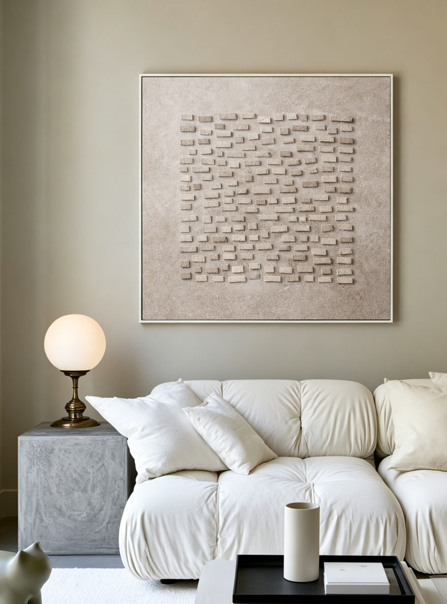 Minimalist Neutral Geometric 3D Relief Abstract Wall Art, Modern Textured Beige Light Grey Wabi Sabi Inspired Artwork for Contemporary Home Decor