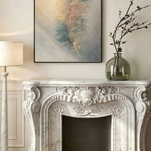 Elegant Soft Textured Feather Framed Wall Art Muted Blue Gold Pink Beige Nature Inspired Stylized Artwork for Modern Minimalist Home Decor Bedroom Living Room Office Dining Hallway