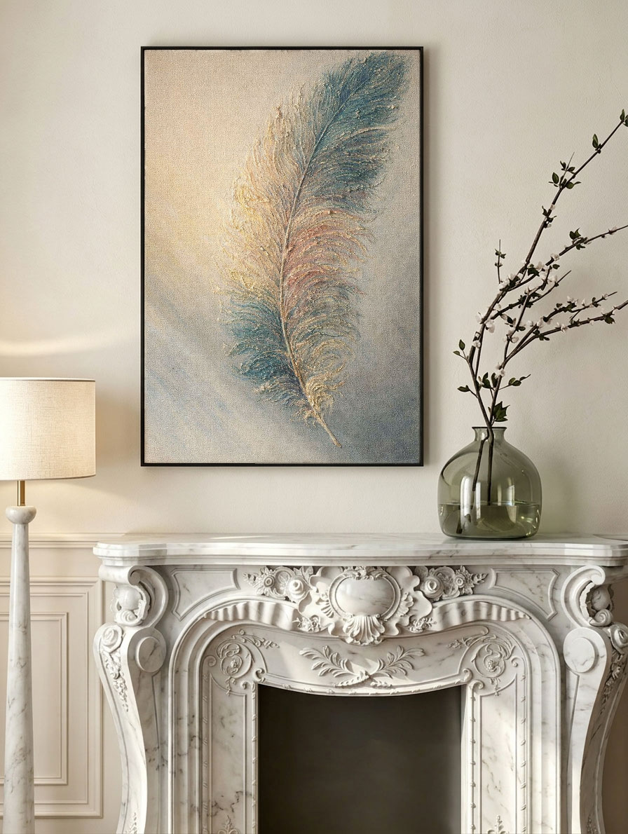 Elegant Soft Textured Feather Framed Wall Art Muted Blue Gold Pink Beige Nature Inspired Stylized Artwork for Modern Minimalist Home Decor Bedroom Living Room Office Dining Hallway