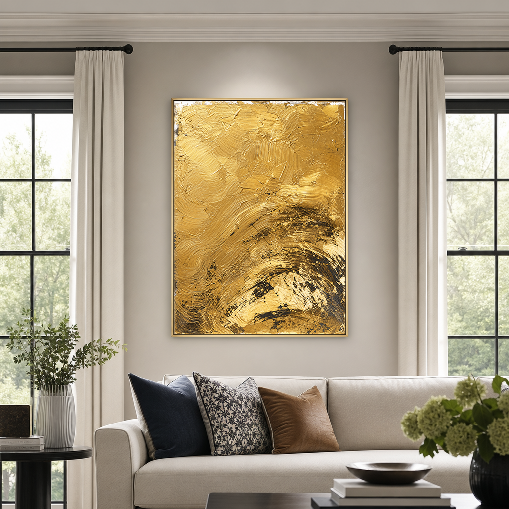 Abstract Gold and Black Textured Acrylic-Style Vertical Wall Art for Living Room