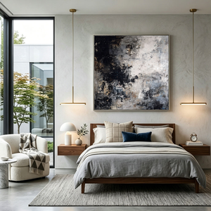 Asymmetrical Black and White Abstract Painting | Hand-Painted Textured Canvas