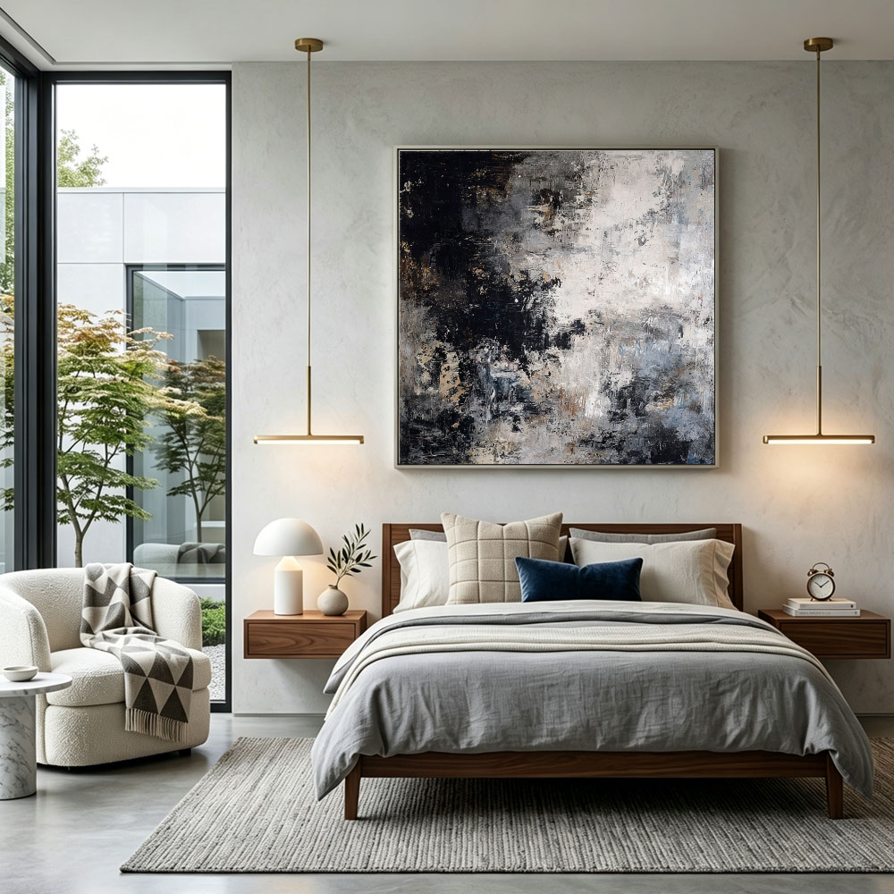 Asymmetrical Black and White Abstract Painting | Hand-Painted Textured Canvas