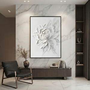 White Flower Textured Contemporary Vertical 3D Relief Wall Art for Living Room Bedroom