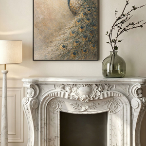 Vintage Elegant Peacock Textured Impasto Oil Painting, Muted Beige Blue Brown Green Peacock Feather Animal Wall Art for Living Room, Office, Bedroom, Dining Room, Hallway