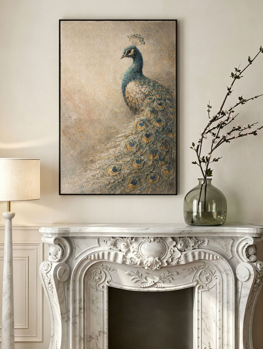 Vintage Elegant Peacock Textured Impasto Oil Painting, Muted Beige Blue Brown Green Peacock Feather Animal Wall Art for Living Room, Office, Bedroom, Dining Room, Hallway