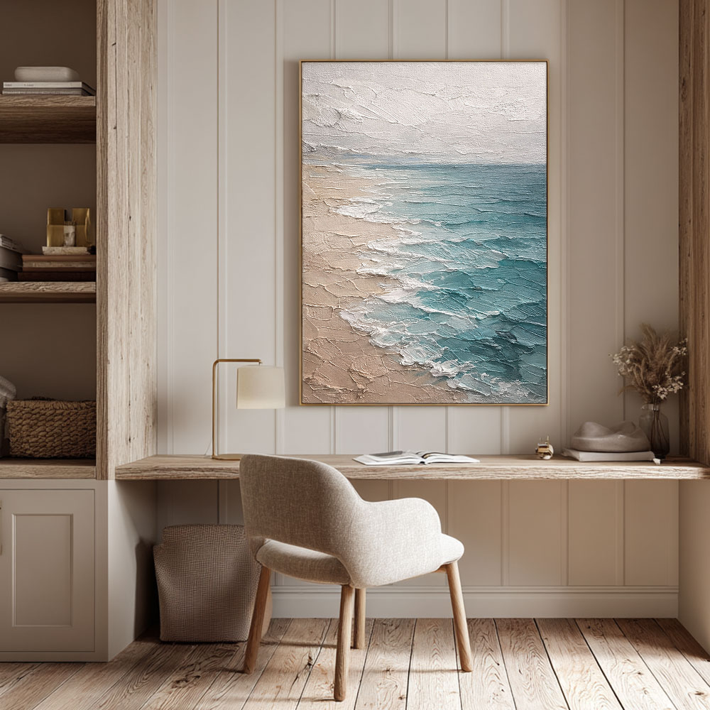 Textured Impasto Coastal Beach Scene Wall Art, Blue Ocean White Waves Beige Sand Light Grey Sky Framed Canvas Artwork, Minimalist Nature Inspired Decor for Living Room Bedroom Office Hallway Dining Room