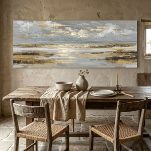 Elegant Abstract Grey and Gold Textured Ocean and Sky Landscape Framed Canvas Wall Art Modern Sophisticated Decor for Living Room Bedroom Office Hallway Dining Room Large Panoramic Artwork