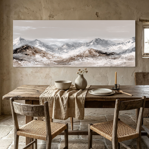 Serene Neutral Toned Mountain Range Stylized Landscape Framed Canvas Wall Art Textured Impasto Style for Modern Minimalist Rustic Home Decor Office Living Room Bedroom Dining Hallway