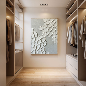 Minimalist Abstract Organic Textured Wall Art, Thick White Impasto Petal Scale Forms on Soft Light Grey Canvas Base, Modern Neutral Non-Representational Home Decor, 3D Brush Stroke Detail, Office, Living Room, Bedroom Decor