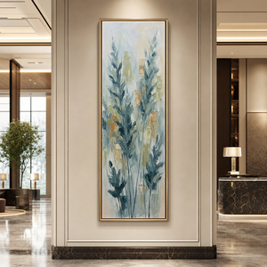 Narrow Vertical Framed Teal Blue Wheat Stalks Impasto Textured Wall Art with Beige White Gold Background for Modern Farmhouse Coastal Minimalist Living Spaces Hallway Bedroom Dining Room Office