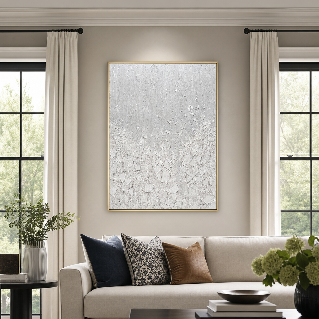 White Light Gray Textured Minimalist Abstract Vertical Wall Art for Living Room
