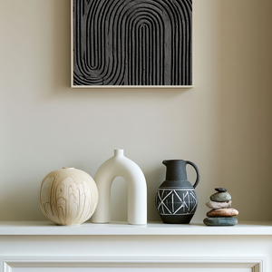 Black and Dark Medium Grey Abstract Textured Geometric Wall Art, Minimalist Modern Curved Lines 3D Relief Artwork for Contemporary Living Room Bedroom Office Dining Hallway, Neutral Tone Non Representational Decor