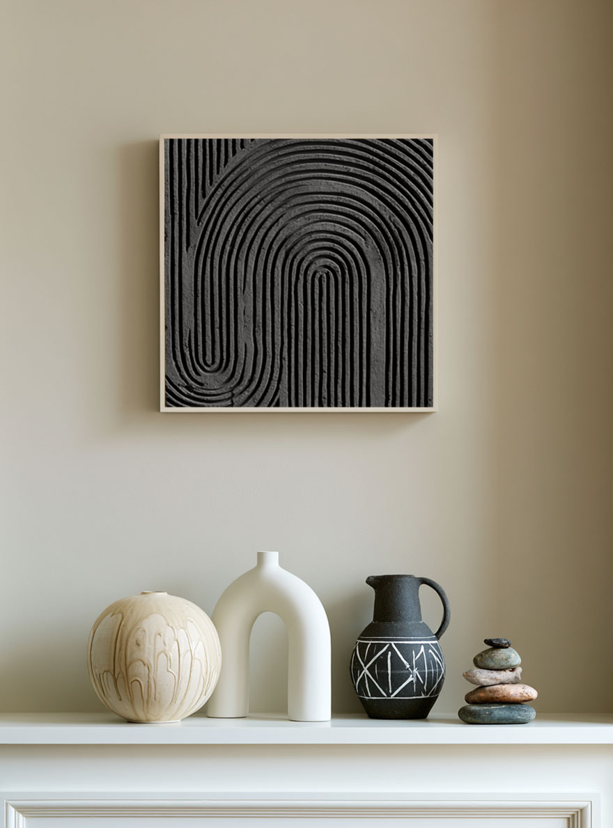 Black and Dark Medium Grey Abstract Textured Geometric Wall Art, Minimalist Modern Curved Lines 3D Relief Artwork for Contemporary Living Room Bedroom Office Dining Hallway, Neutral Tone Non Representational Decor