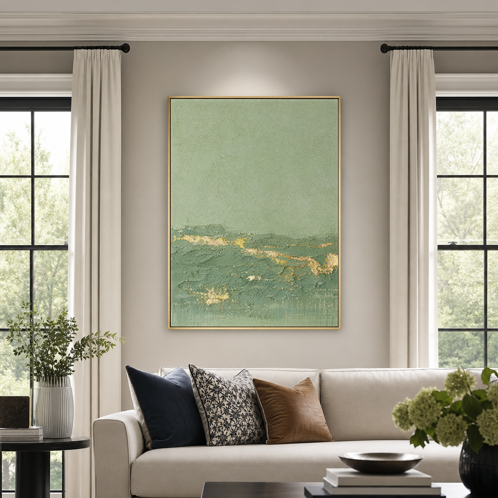 Textured Abstract Sage Green And Gold Vertical Acrylic-Style Wall Art For Living Room