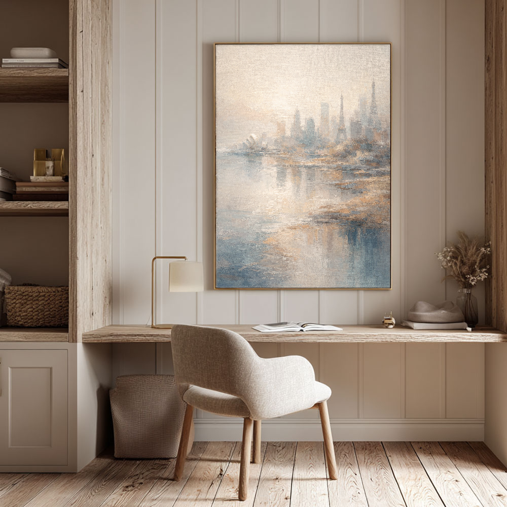 Soft Muted Vintage Textured Global Iconic City Skyline Wall Art, Framed Canvas Coastal & Urban Water Reflection Artwork with Neutral Blue, Beige, White & Brown Tones for Calm Home & Office Spaces Including Living Room, Bedroom, Dining Room, Hallway