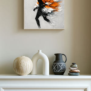 Modern Framed Black Silhouette Woman Portrait Wall Art with Thick Orange White Light Grey Impasto Brush Strokes, Elegant Abstract Textured Painting for Home Decor, Living Room Bedroom Office Accent Piece, Handcrafted 3D-Like Effect