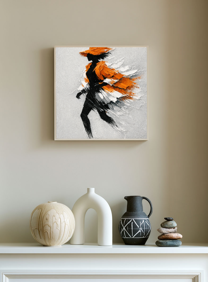 Modern Framed Black Silhouette Woman Portrait Wall Art with Thick Orange White Light Grey Impasto Brush Strokes, Elegant Abstract Textured Painting for Home Decor, Living Room Bedroom Office Accent Piece, Handcrafted 3D-Like Effect
