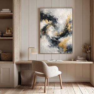 Luxury Black White Gold & Light Grey Abstract Textured Wall Art - Modern Swirling Metallic Impasto Canvas Artwork with Bold Knife/Brush Marks for Contemporary Home Decor, Office, Living Room, Bedroom, Dining Room & Hallway