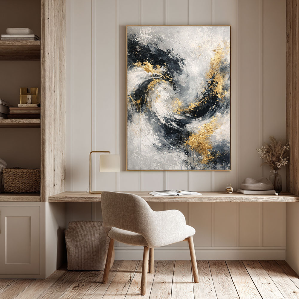 Luxury Black White Gold & Light Grey Abstract Textured Wall Art - Modern Swirling Metallic Impasto Canvas Artwork with Bold Knife/Brush Marks for Contemporary Home Decor, Office, Living Room, Bedroom, Dining Room & Hallway