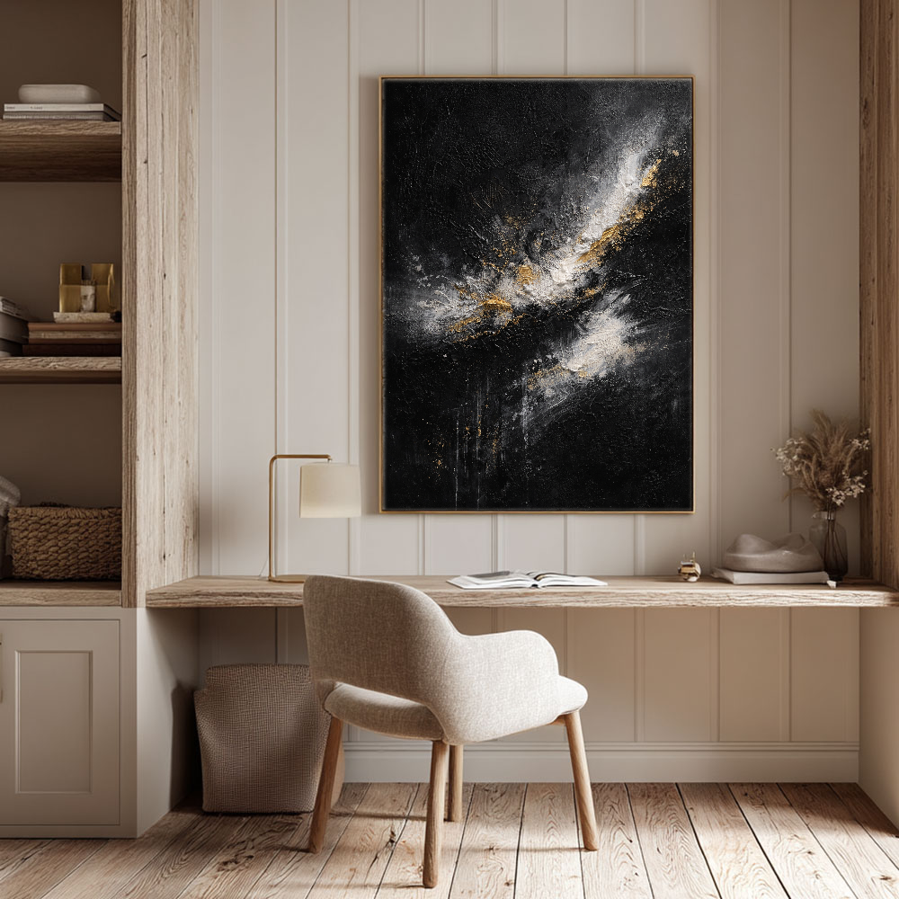 Elegant Black White Gold Abstract Textured Wall Art - Dramatic Contrast Knife Impasto Painting for Modern Minimalist Living Spaces, Office, Bedroom, Dining Room & Hallway Decor