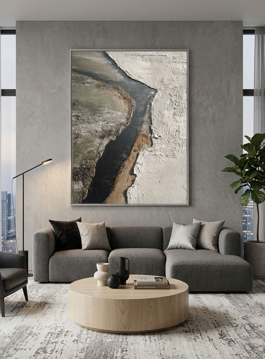 Minimalist Abstract Textured Riverbed Landscape Wabi Sabi Style Framed Canvas Wall Art, Thick Impasto Paint with Knife Marks, Neutral Tone Decor for Modern Home & Office