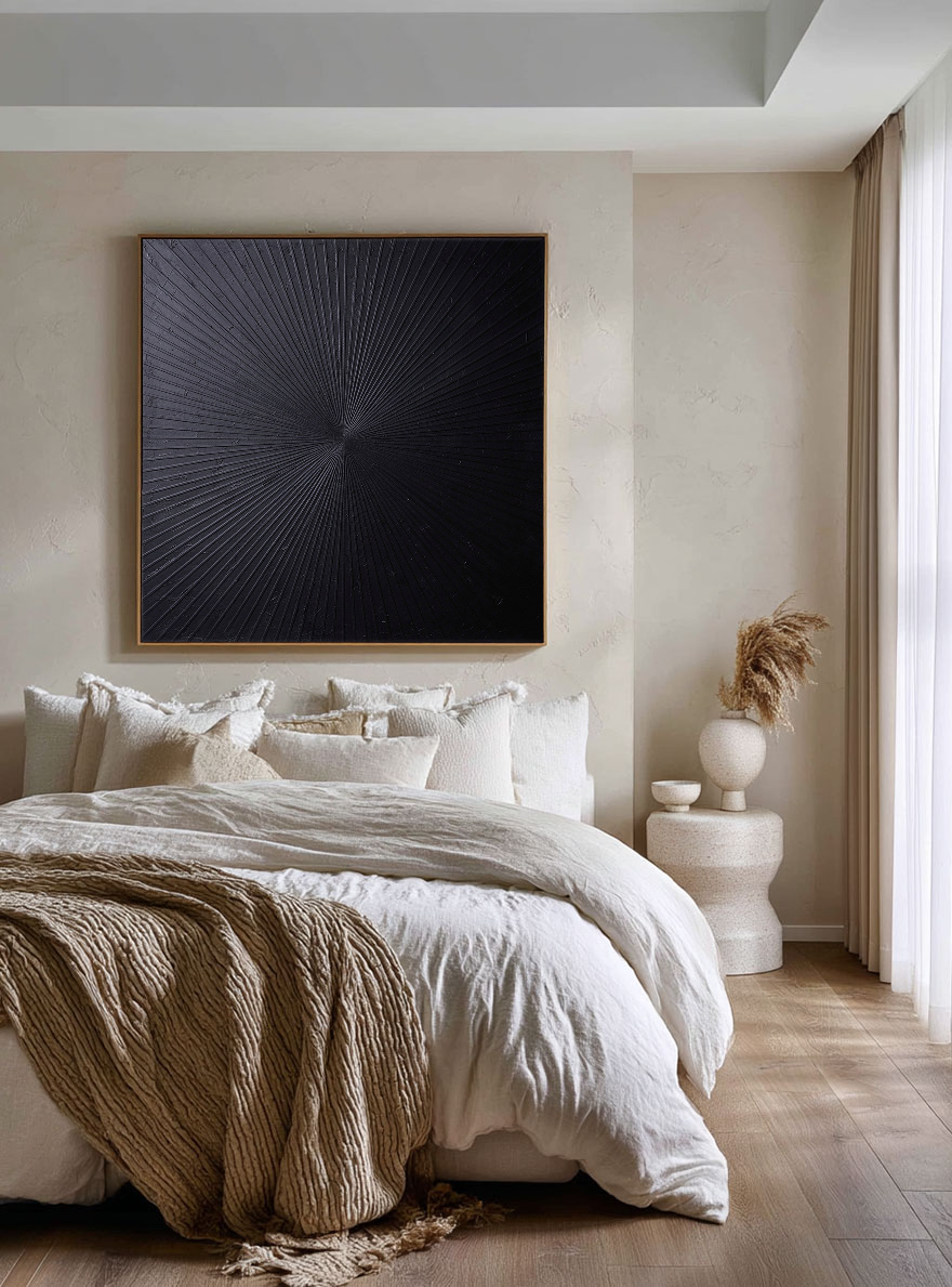 Minimalist Dark Grey Black Abstract Radiating Geometric Lines Textured Wall Art Modern Monochrome Knife Stroke Impasto for Contemporary Interiors Office Bedroom Living Room Dining Room Hallway Stylish Home Decor