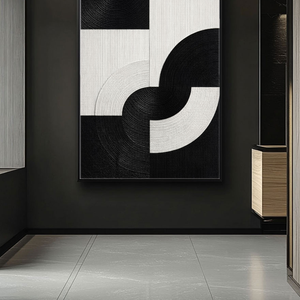 Modern Black and White Geometric Abstract Textured Wall Art, High Contrast Minimalist Block and Curve Design, Thick Monochrome Raised Canvas Artwork for Living Room Bedroom Office Dining Room Hallway