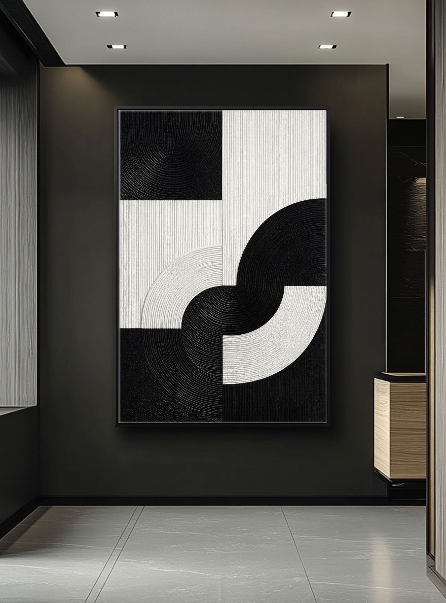 Modern Black and White Geometric Abstract Textured Wall Art, High Contrast Minimalist Block and Curve Design, Thick Monochrome Raised Canvas Artwork for Living Room Bedroom Office Dining Room Hallway