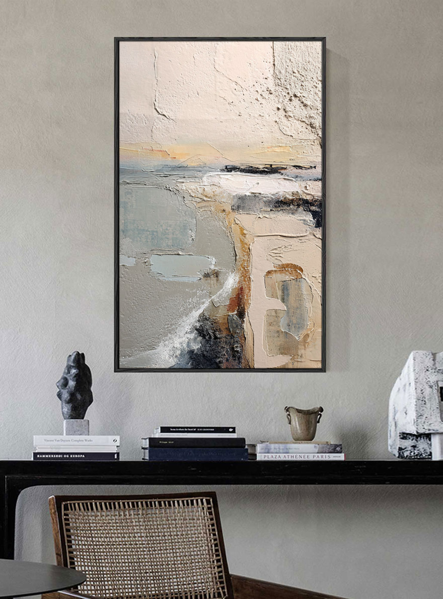 Abstract Neutral Landscape Textured Wall Art - Thick Knife Brush Stroke Minimalist Coastal Scene for Living Room Office Bedroom Dining Room Hallway