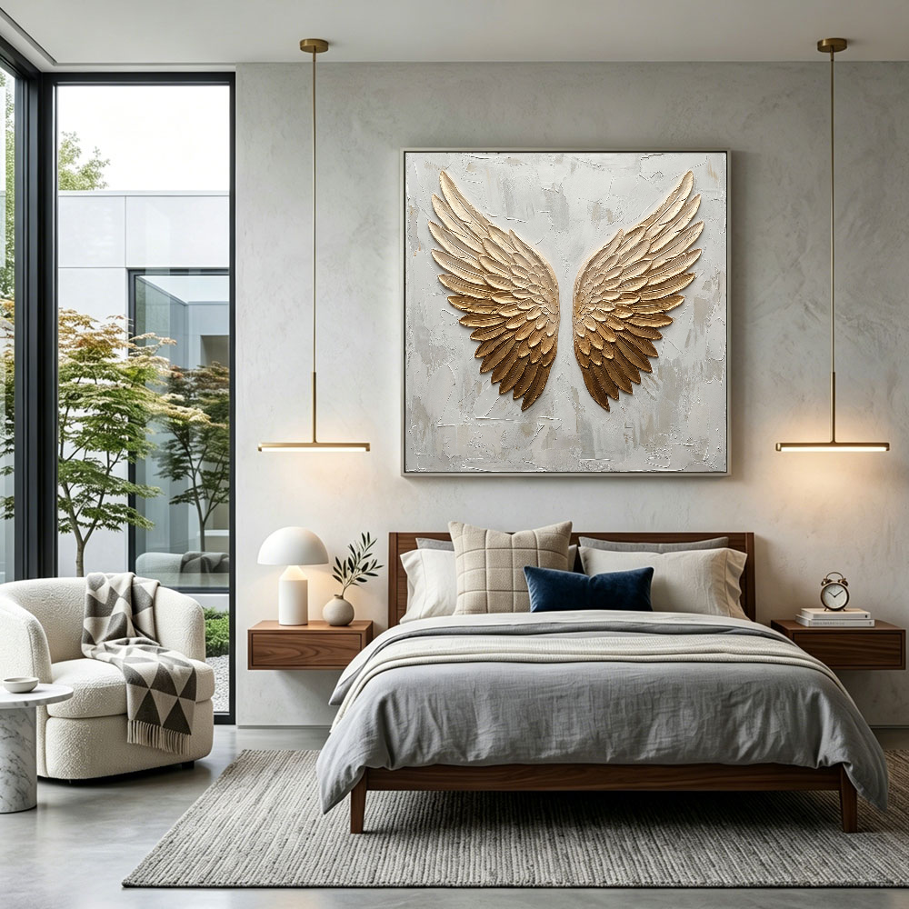 Luxury 3D Golden Angel Wings Textured Wall Art, Elegant Neutral White Beige Relief Artwork, Modern Stylish Home Decor Hanging Piece for Living Room Bedroom Office Hallway Dining Room, Sophisticated Accent Art