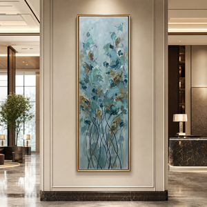 Tall Vertical Abstract Blue Beige Gold Floral Impasto Canvas Wall Art - Soft Muted Botanical Flower and Tree Artwork with Thick Knife Brush Paint Stacking, Minimal Elegant Textured Decor for Living Room Bedroom Office Hallway Dining Room