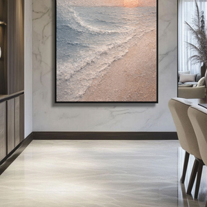 Textured Ocean Sunset Coastal Wall Art, Thick Impasto Painting for Modern Home Decor, Calm Beach Landscape with Beige Sand Blue Ocean White Waves and Soft Orange Sun, Warm Minimalist Coastal Artwork