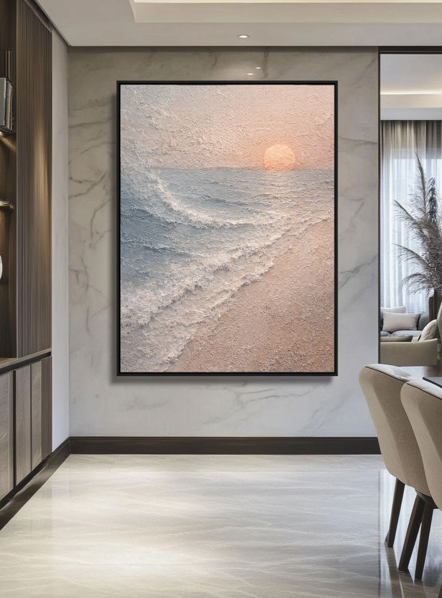 Textured Ocean Sunset Coastal Wall Art, Thick Impasto Painting for Modern Home Decor, Calm Beach Landscape with Beige Sand Blue Ocean White Waves and Soft Orange Sun, Warm Minimalist Coastal Artwork