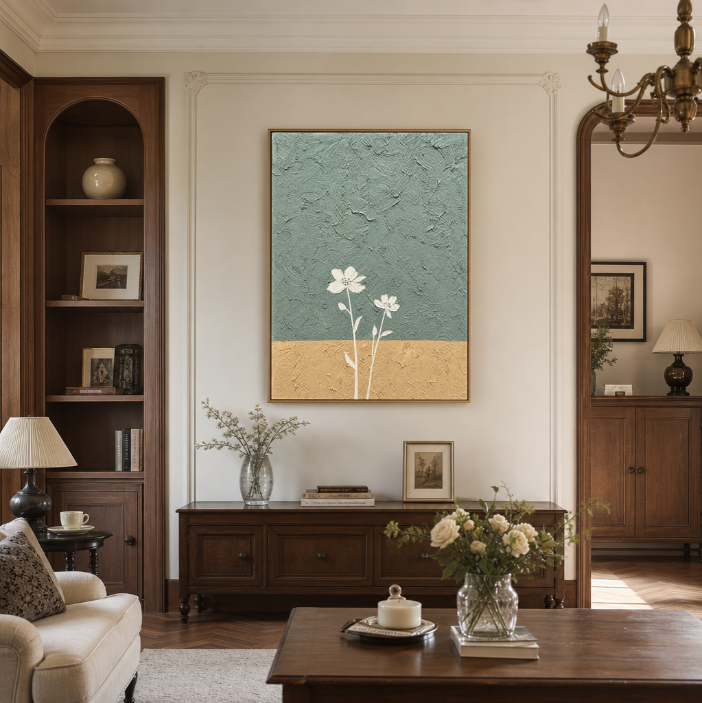 Minimalist Textured Vertical Wall Art Flower And Tree Sage Green Mustard Yellow White Plaster-style Dining Room Living Room