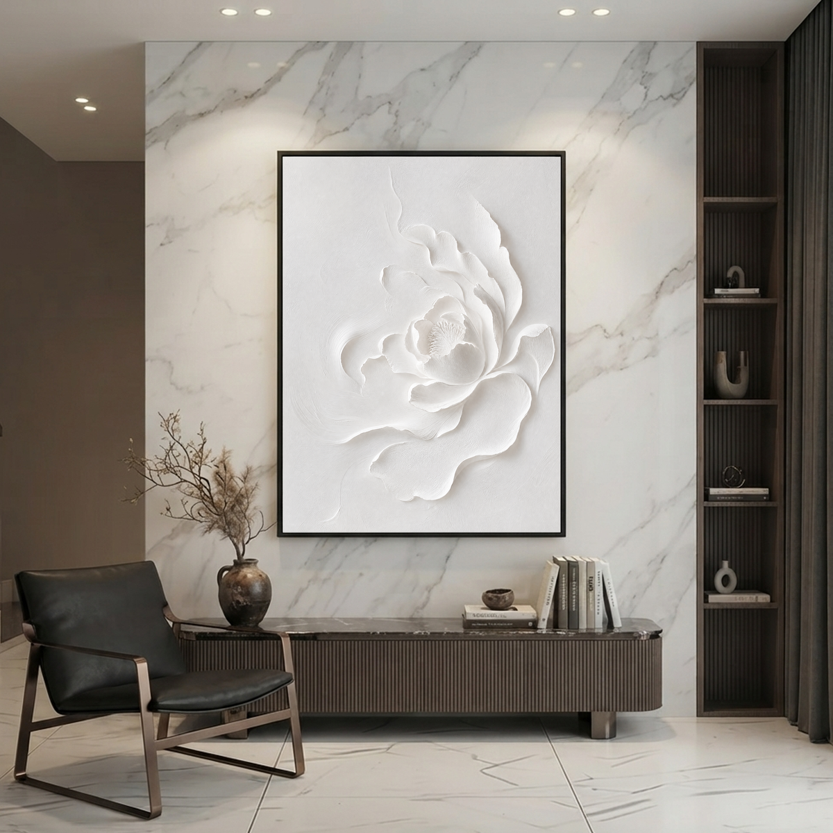 White 3D Relief Textured Abstract Flower Vertical Wall Art for Bedroom or Living Room