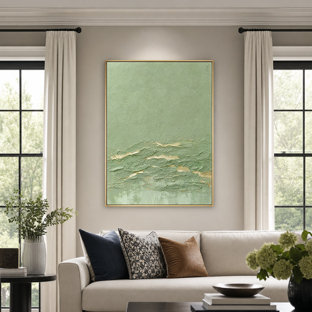 Textured Abstract Sage Green and Gold Plaster Texture Vertical Wall Art for Living Room