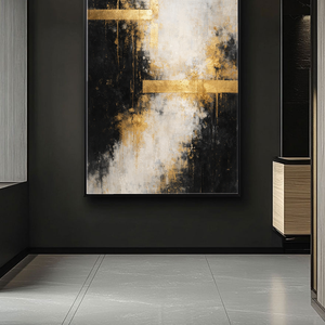 Bold Black Gold White Abstract Textured Wall Art – Modern Vertical Canvas Decor with Impasto Knife Brushwork, Contrast Metallic Lines for Contemporary Living Room Bedroom Office Dining Hallway