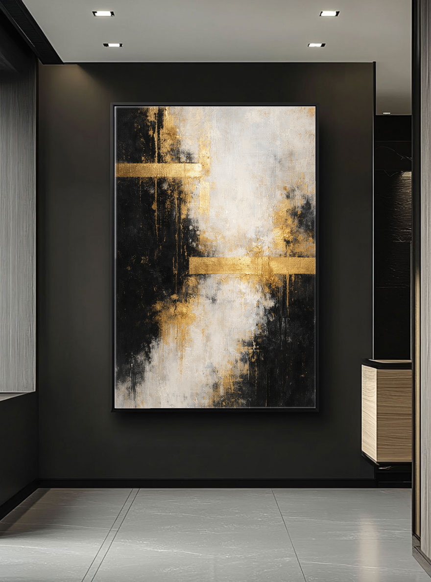 Bold Black Gold White Abstract Textured Wall Art – Modern Vertical Canvas Decor with Impasto Knife Brushwork, Contrast Metallic Lines for Contemporary Living Room Bedroom Office Dining Hallway