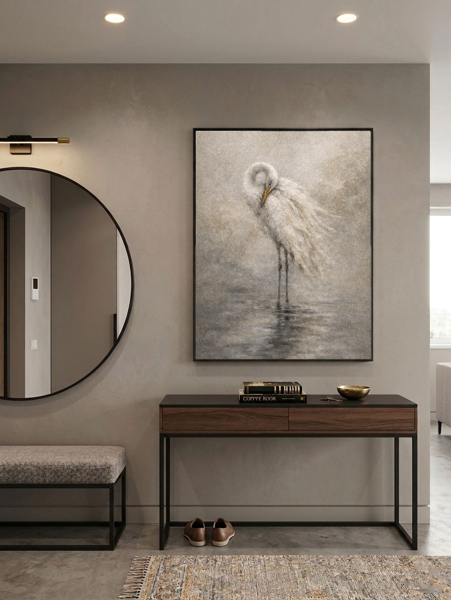 Vintage Muted White Egret Standing in Water Textured Wall Art Neutral Coastal Nature Animal Painting for Bedroom Living Room Dining Room Office Hallway