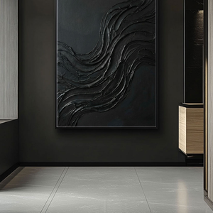 Black Abstract Wavy Textured Thick Impasto Wall Art Modern Dark 3D Brush Stroke Artwork Minimalist Monochrome Oil Painting for Living Room Bedroom Office Hallway Dining Room