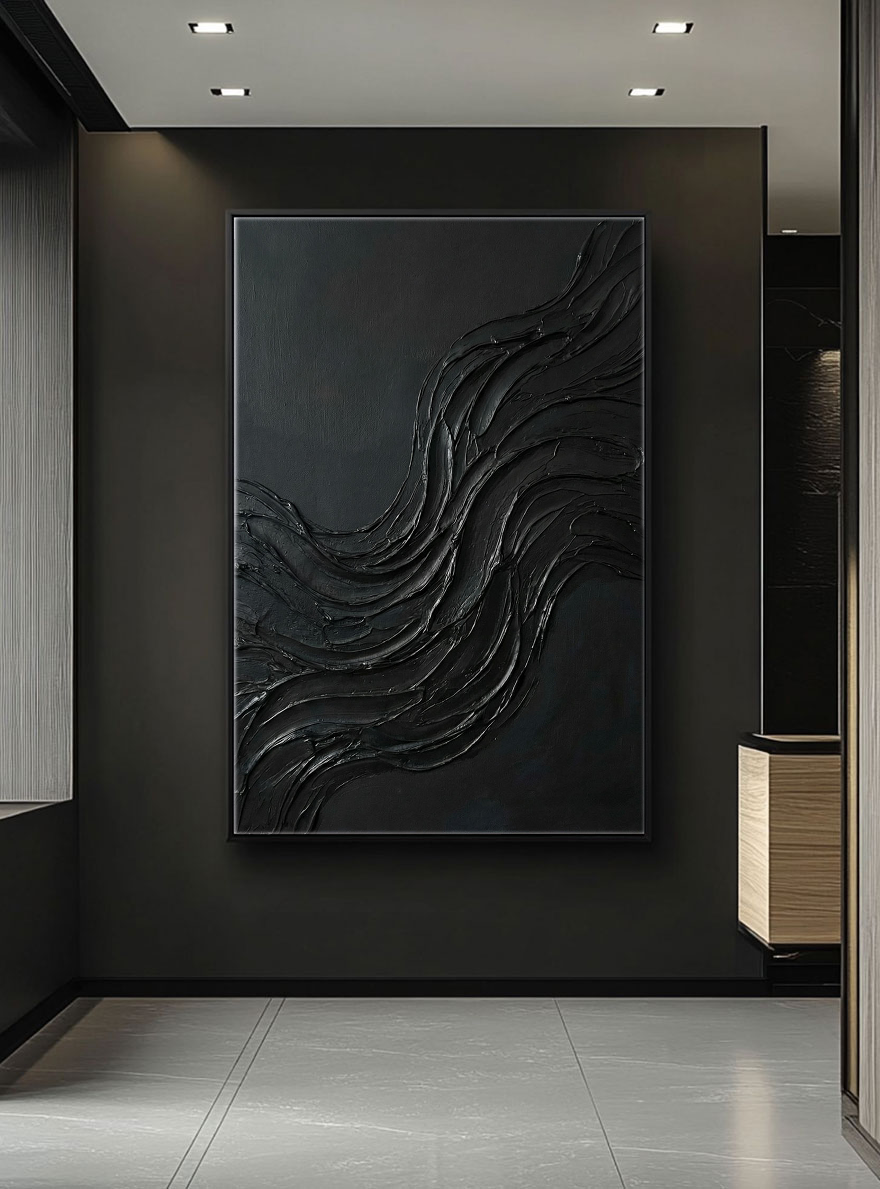 Black Abstract Wavy Textured Thick Impasto Wall Art Modern Dark 3D Brush Stroke Artwork Minimalist Monochrome Oil Painting for Living Room Bedroom Office Hallway Dining Room