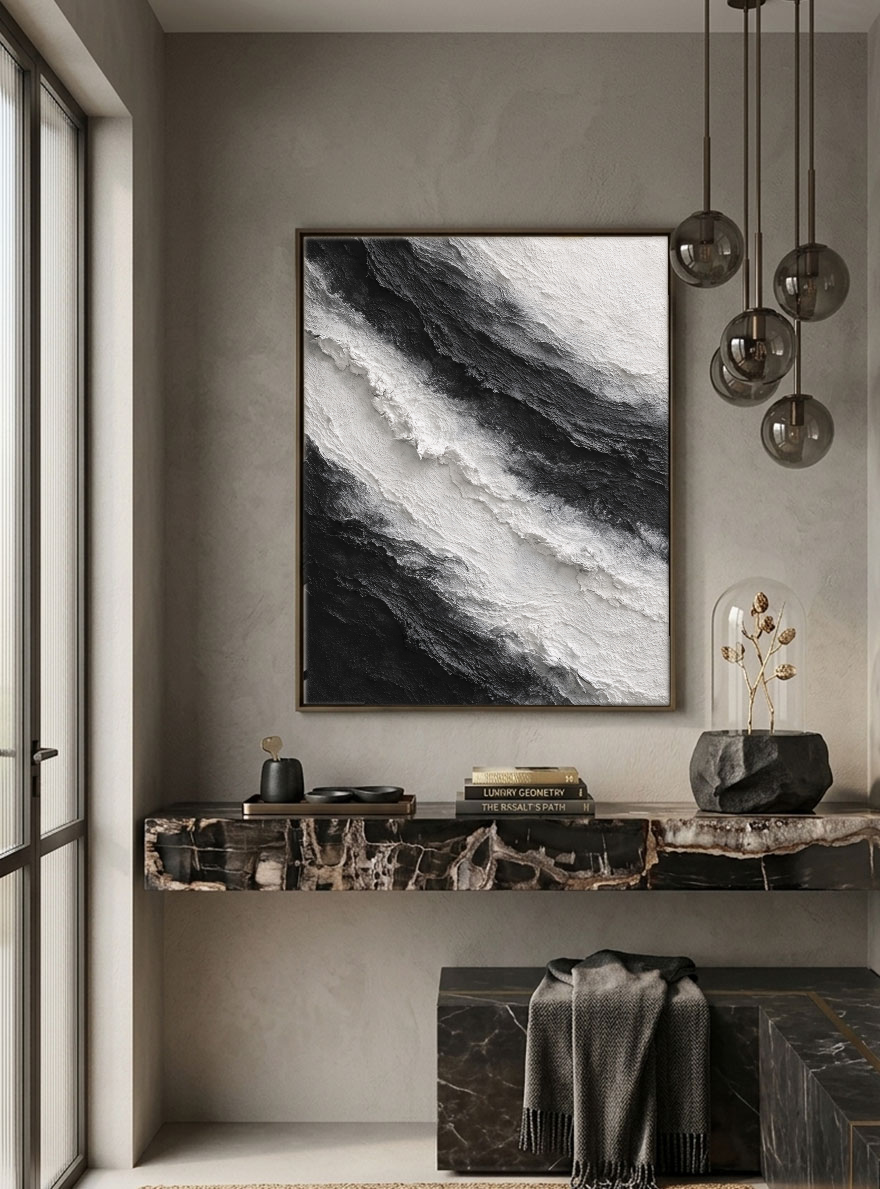 Black and White Abstract Textured Impasto Wall Art for Modern Minimalist Spaces – Monochrome Bold Waves Thick Knife Marks Artwork for Living Room Bedroom Office Dining Hallway Decor