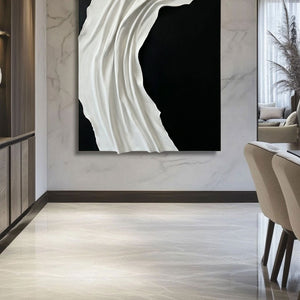 Minimalist Black and White Abstract Textured Wall Art, Modern Neutral Monochrome 3D Wave Relief Decor for Contemporary Living Spaces, Elegant Monotone Vertical Wall Hanging
