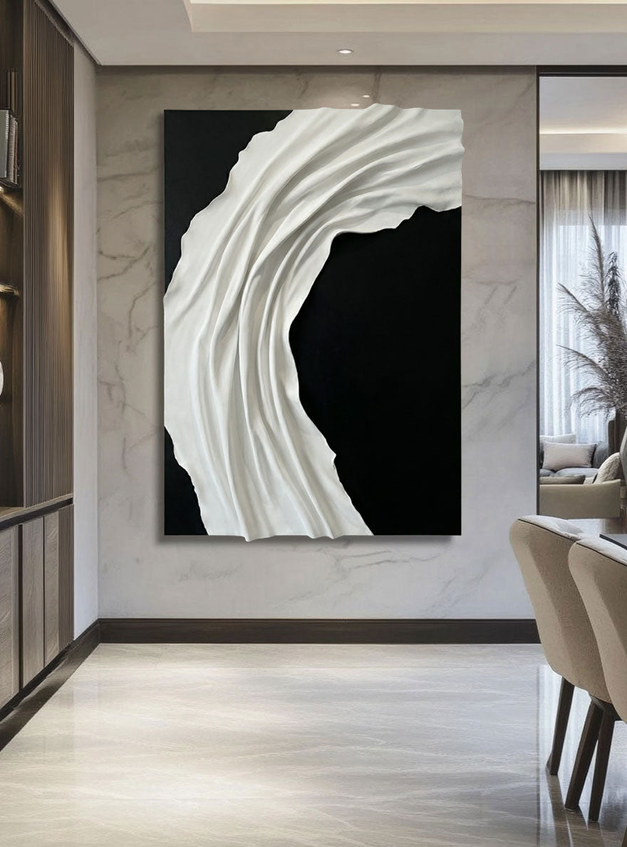Minimalist Black and White Abstract Textured Wall Art, Modern Neutral Monochrome 3D Wave Relief Decor for Contemporary Living Spaces, Elegant Monotone Vertical Wall Hanging