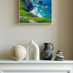 Vibrant Coastal Landscape Impasto Wall Art - Turquoise Deep Blue Ocean Lush Green Cliffs Wildflowers Rugged Rocks Bright Sky Textured Oil Painting Style Artwork for Home Decor