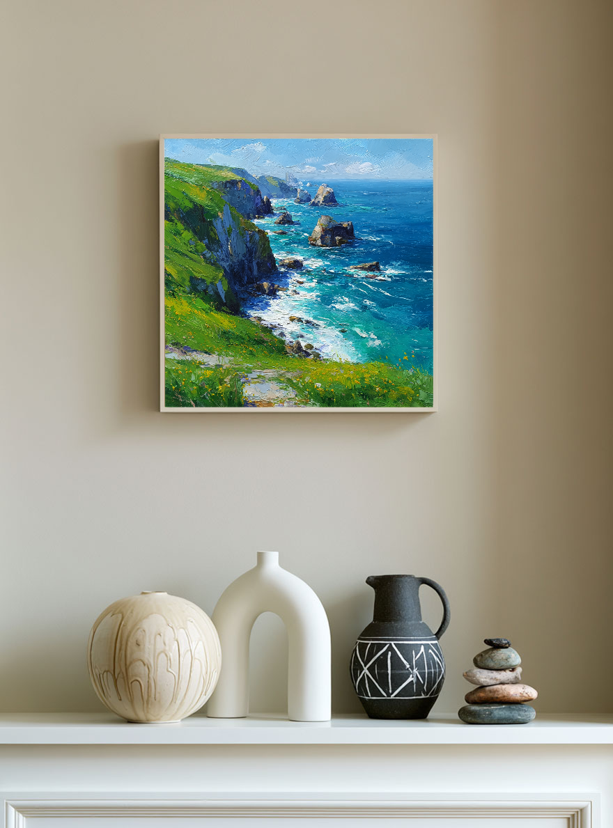 Vibrant Coastal Landscape Impasto Wall Art - Turquoise Deep Blue Ocean Lush Green Cliffs Wildflowers Rugged Rocks Bright Sky Textured Oil Painting Style Artwork for Home Decor