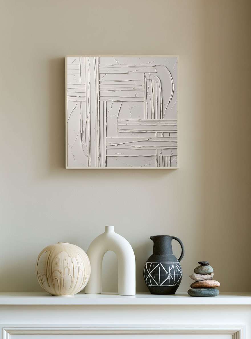 Minimalist White Light Grey Textured 3D Relief Abstract Geometric Wall Art for Modern Living Room Bedroom Office Dining Room Hallway Decor